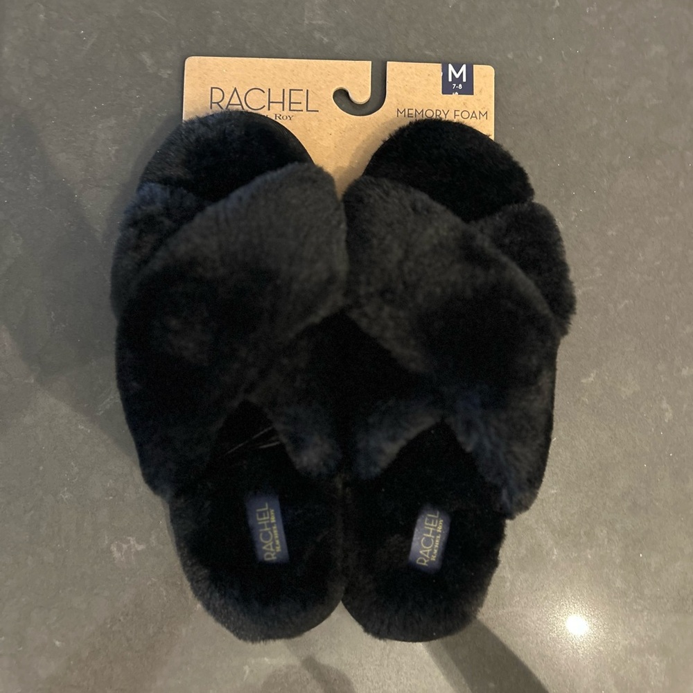 RACHEL Rachel Roy Black Faux Fur Slippers